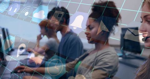 Call center agents answering customer calls with headsets and digital interface overlay