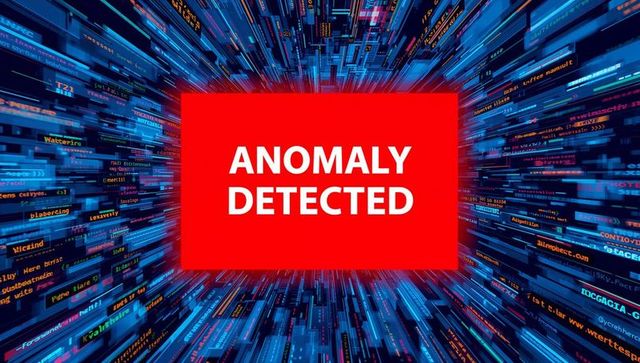 Red alert anomaly detected cybersecurity banner over neon data tunnel with streaming code