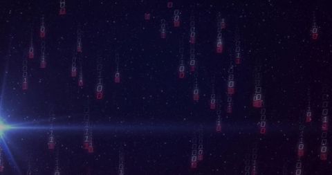 Binary code streaming through space with blue lens flare
