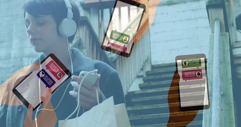 Young Woman Multitasking with Smartphone and Headphones Outdoors