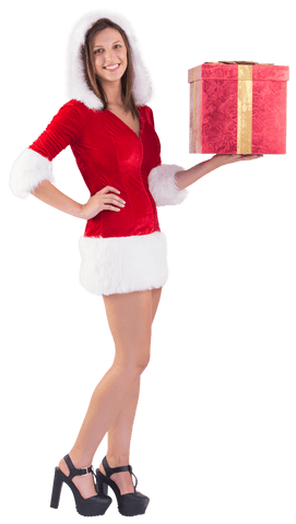 Cheerful Woman in Santa Costume Holding Christmas Present Transparent Background