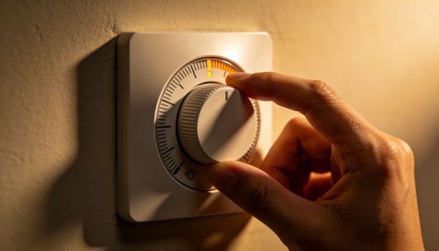 Hand Adjusting Wall Thermostat Dial With Amber Indicator Light, Warm Home Temperature Control