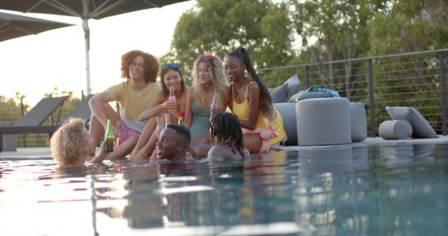 Friends Gathering Poolside Enjoying Sunny Day Outdoors - Download Free Stock Images Pikwizard.com