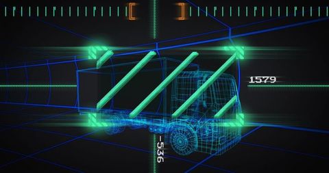Rotating neon wireframe semi-truck inside futuristic hud with green diagonal markers