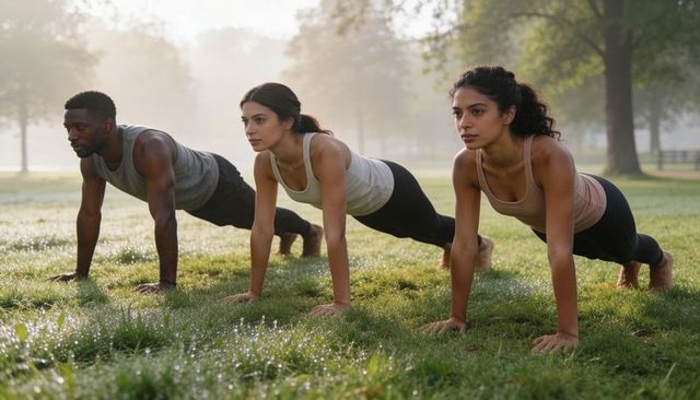 Group holding high plank on dew-covered grass during sunrise outdoor fitness training