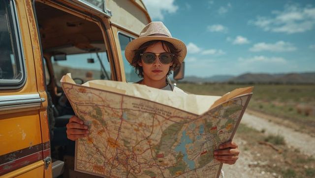Teen holding map by yellow van wearing straw hat and sunglasses planning road trip