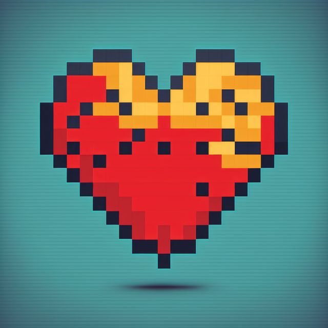 Pixel art heart icon in vibrant red and yellow colors with a shadow underneath. Perfect for use in retro-themed projects, video game design, digital art collections, and articles about nostalgia, love, or icons. Ideal for blogs, social media graphics, and website design.