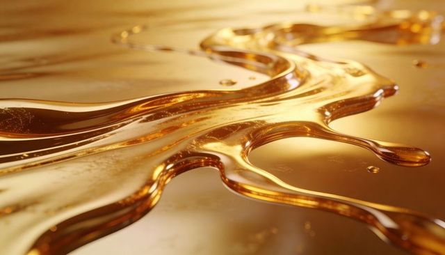 Glossy golden rivulets flowing with amber highlights and microbubbles