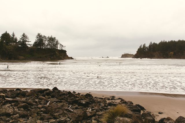 Serene coastal beach scene featuring rocky shorelines, trees, and misty sky with gentle ocean waves. Perfect for illustrating tranquility, nature, and outdoor environments. Whether it is for travel advertisements, environment conservation campaigns, or serene desktop backgrounds, this photo captures the peaceful ambiance of a misty seaside.