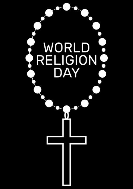 World religion day text with rosary over black background. text, communication, christianity, religion, god and vector concept.