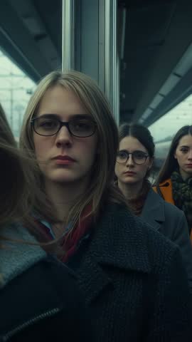 Vertical commuter sequence focusing on contemplative woman blinking during platform wait