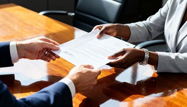 Exchanging signed contract across polished boardroom table, hands showing watch and ring