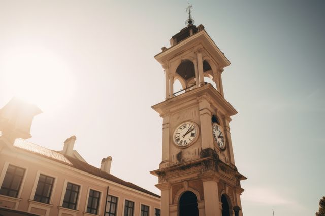 High angle view of clock tower in 18th century city square, created using generative ai technology. Historical architecture, landmarks and city planning concept digitally generated image.