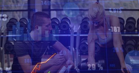 Personal trainer guiding client lifting dumbbell with fitness analytics overlay