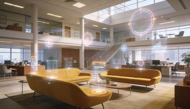 Mustard yellow curved sofas in modern open-plan office with futuristic holographic huds
