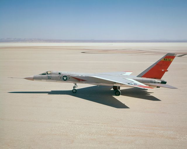 North American Aviation A-5A Vigilante aircraft used by NASA in 1962 for supersonic transport research, photographed on a dry lake bed at Edwards Air Force Base. Great for illustrating aerospace history, military aircraft testing, and NASA's aviation research.