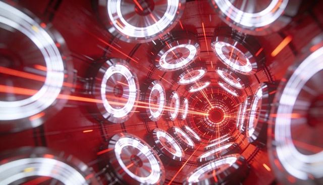 Glowing red futuristic tunnel with concentric led rings and radiant central light core