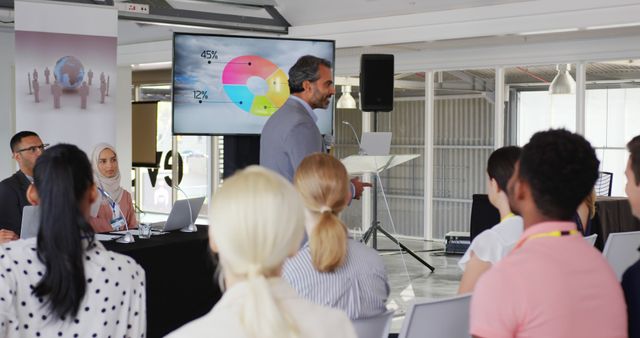 This shows a professional presenting data on a screen to a diverse, engaged audience in a corporate setting. The attendees are paying attention and taking notes, suggesting an informative and important business meeting. Ideal for illustrating conferences, corporate training sessions, business workshops, and professional networking events.
