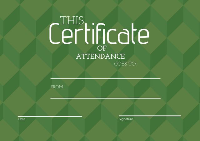 Perfect template for issuing attendance certificates at professional events, workshops, or seminars. The green geometric design adds a touch of elegance suitable for formal recognition purposes. Easy to customize with recipient's name, event details, and signature.