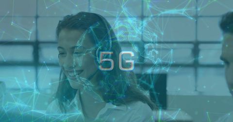 Business Team Embracing 5G Technology with Digital World Map