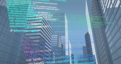 Blurred Code Overlay on Modern Cityscape Reflecting Digital Era - Download Free Stock Images Pikwizard.com