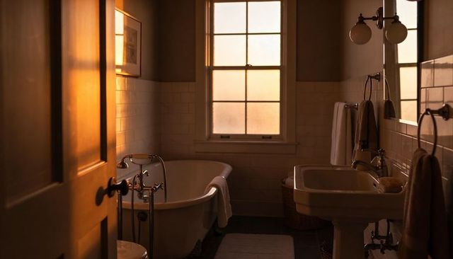 Golden-hour light bathing vintage clawfoot bathtub with chrome faucet and towels