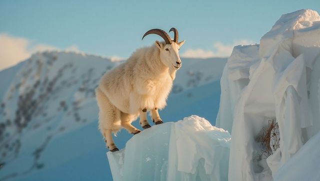 White mountain goat balancing on icy ledge with curved horns in sunlit alpine snowfield