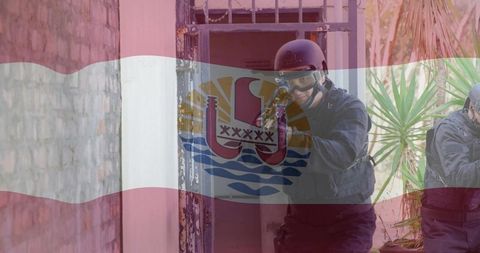 Helmeted tactical team breaching barred doorway and aiming rifle with French Polynesia flag overlay