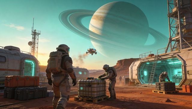 Red planet outpost crew unloading cargo at sunrise beneath ringed gas giant, hover drone