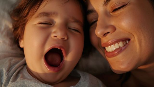 Mother and toddler sharing warm morning yawn and joyful smile close-up