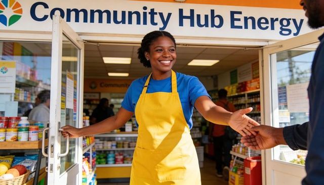 Smiling grocery clerk welcoming customer through open door at community hub storefront