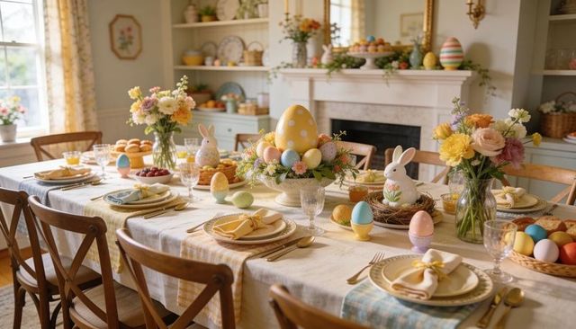 Sunlit Easter Brunch Table with Pastel Eggs, Floral Centerpiece and Bunny Decor