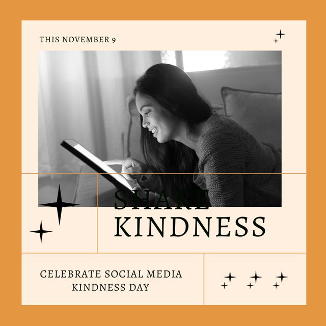 Smiling biracial young woman using digital tablet at home, social media kindness day text in frame. Copy space, digital composite, raise awareness, being kind online, celebration, technology.