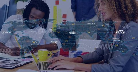 Collaborating team using holographic world map for global planning and creative brainstorming