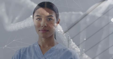 Female clinician standing with dna helix overlay representing precision medicine, biotech