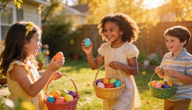 Children gathering colorful easter eggs in sunlit backyard, smiling and holding baskets