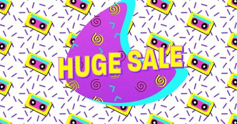 Retro huge sale promo with colorful cassette tapes and geometric design