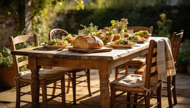 Sunlit rustic garden table with crusty sourdough loaf and fresh salads for alfresco dining