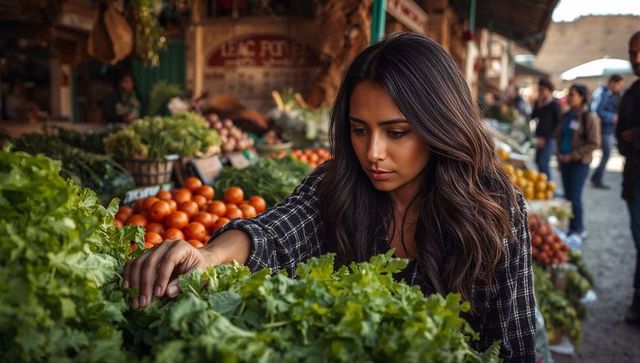 Young woman selecting fresh greens at busy farmers market with colorful produce