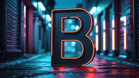 Glowing neon metallic letter b in futuristic urban alleyway