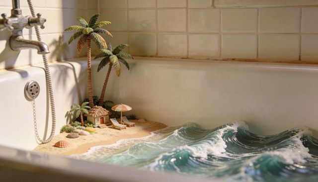 Miniature tropical beach spilling into bathtub with rolling ocean waves
