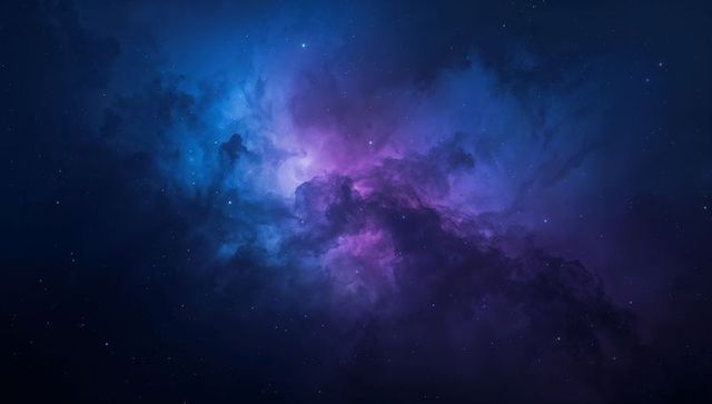Glowing Violet and Blue Emission Nebula Showing Layered Gas, Dark Dust Filaments