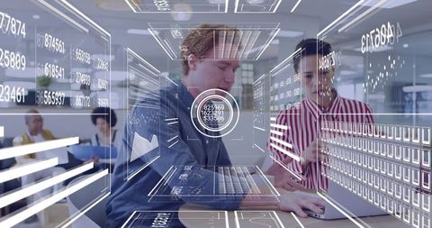 Business Team Collaborating with Augmented Reality HUD Over Laptop for Data Analytics
