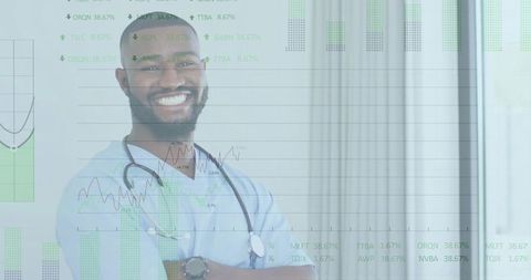 Smiling medical professional with financial data charts background
