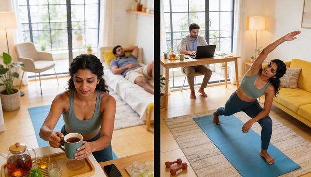Woman practicing side-lunge yoga at home while partner working remotely and relaxing