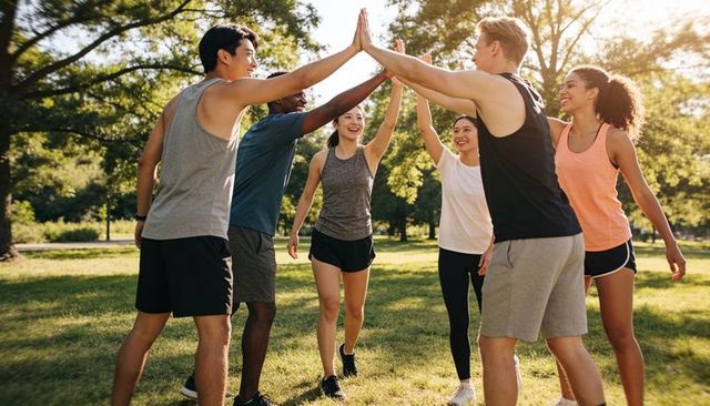 Diverse adults high-fiving after outdoor workout in sunny park for teamwork and wellness