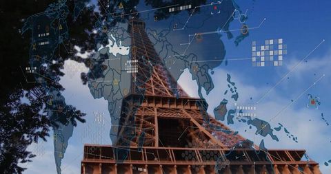Eiffel tower with digital world map overlay symbolizing global connectivity