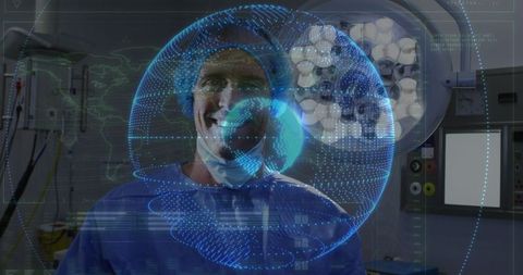 Surgeon Analyzing Digital Globe Hologram in Operating Room