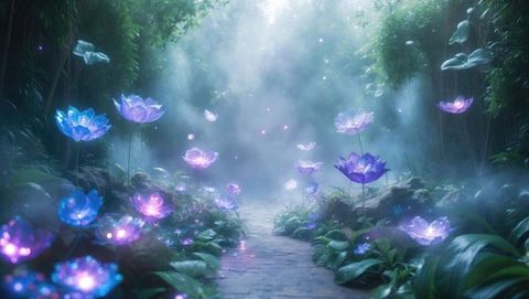 Misty forest path with glowing lotus-like flowers, garden of eden concept