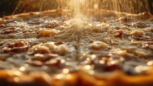 Dripping grated cheese falling over sizzling pepperoni pizza with gooey melting strands